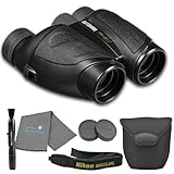 Nikon Travelite 12x25 Binoculars (7279) Travel Binoculars Bundle, Black, with Nikon Lens Pen, Carry Case, and Lens Cloth - High Powered Compact Binoculars for Adults - Bird Watching, Hunting, Hiking