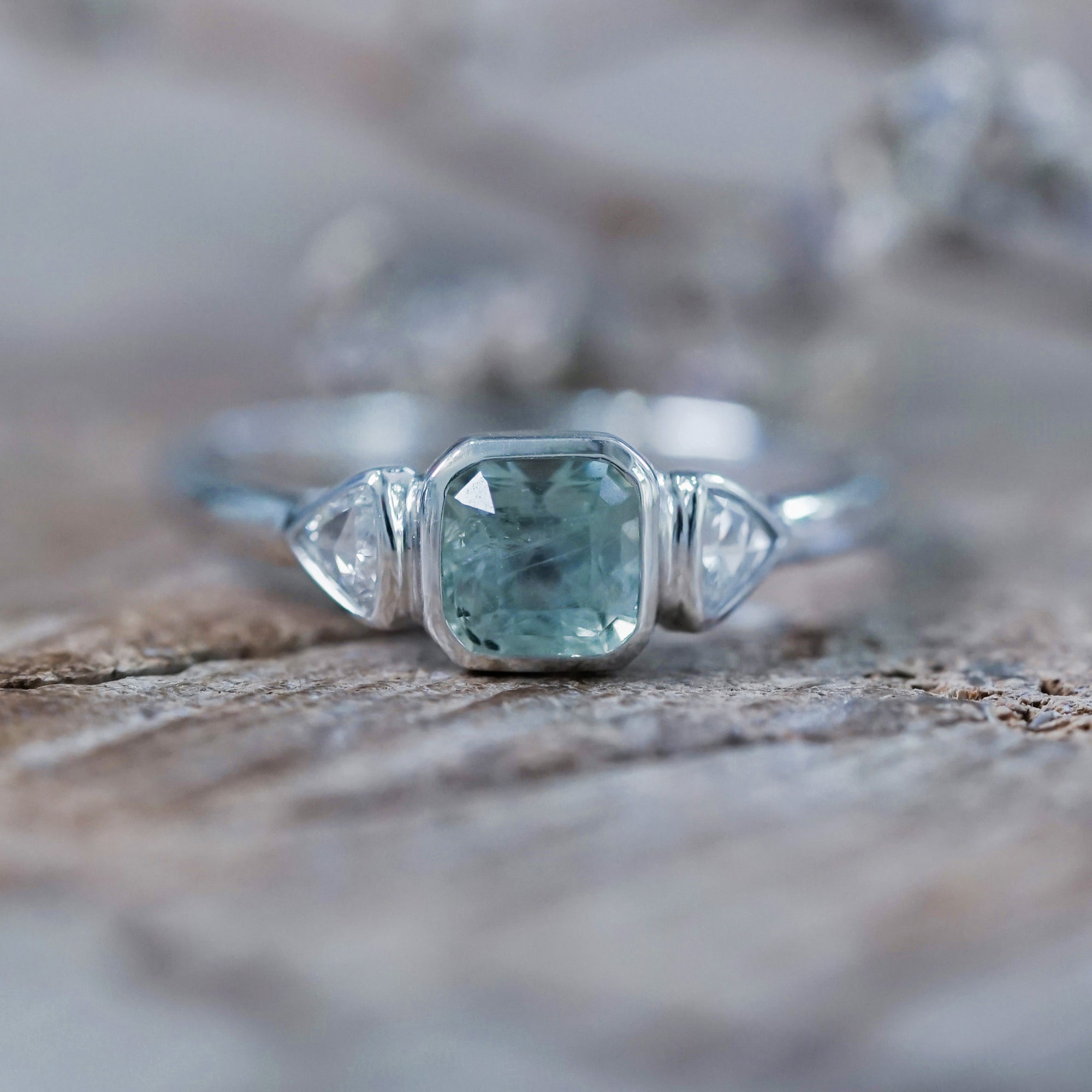 Green Sapphire and Triangle Diamond Ring in Ethical White Gold