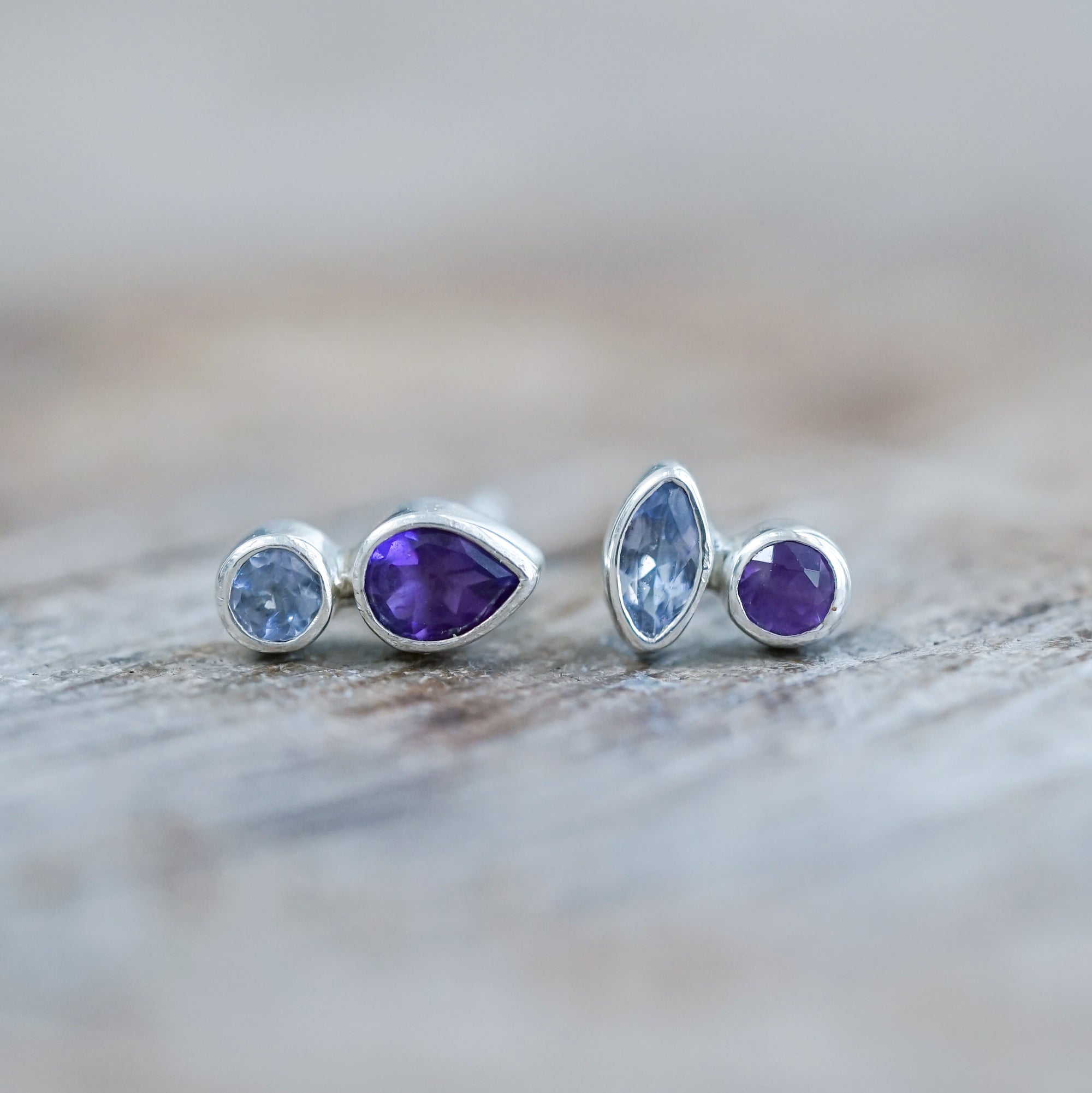 Mismatched Pear Amethyst and Tanzanite Earrings